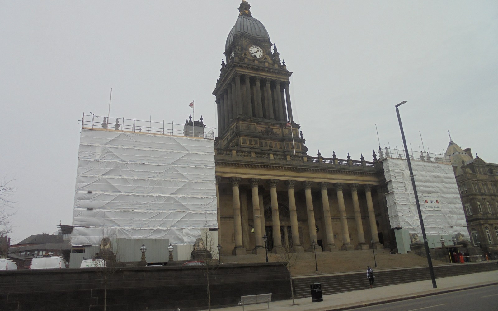 Leeds Town Hall and its clock tower, with restoration scaffolding visible